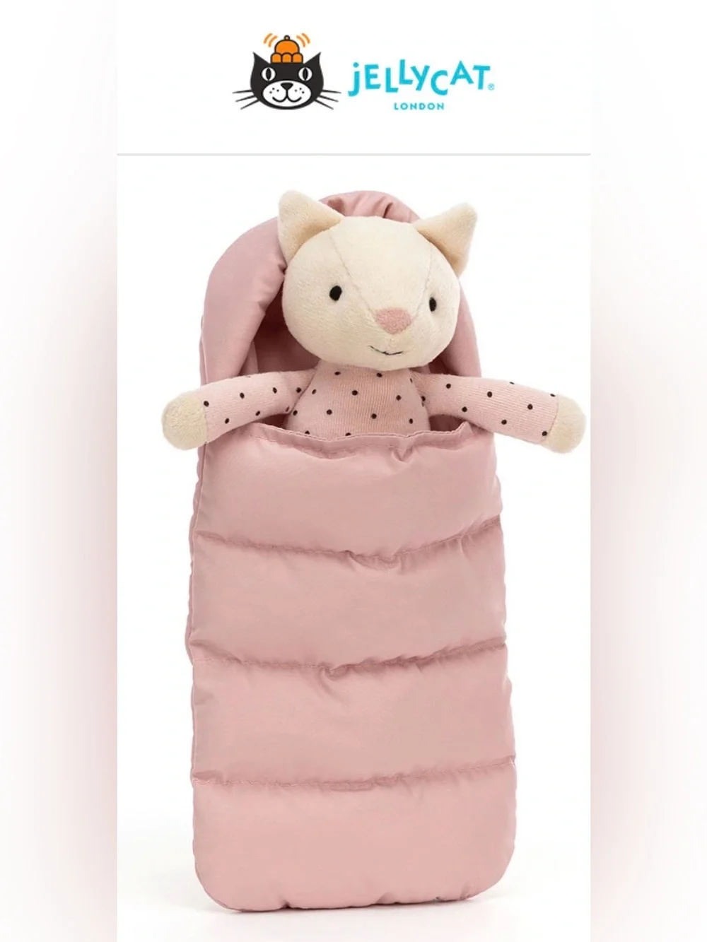 🐱 *Retired* JellyCat Snuggler Cat Pink Polka Dot w/ Sleeping Bag Soft Knit Toy